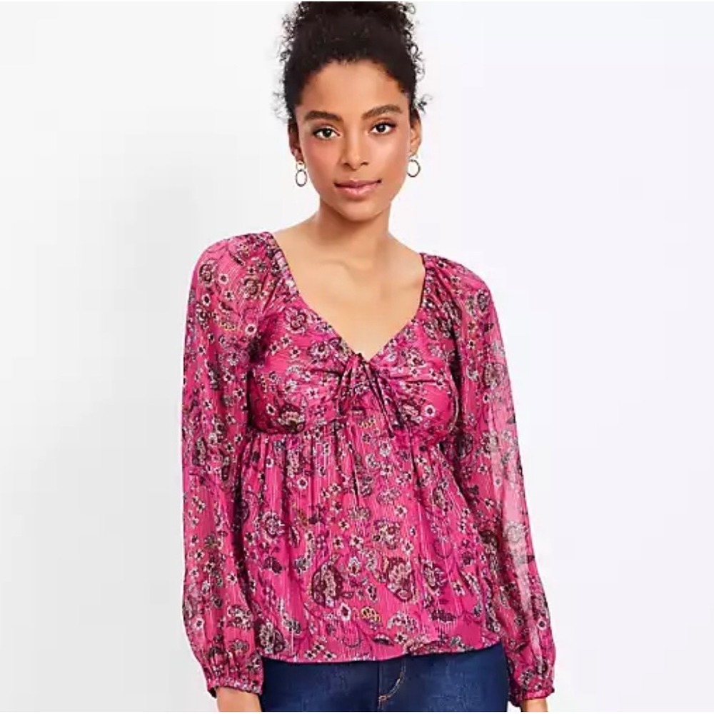 LOFT Pink Floral Paisley Metallic Shimmer Babydoll Top Tie Front Size 18 NWT